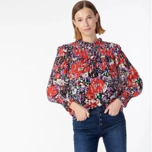J.Crew Smocked Metallic Popover Blouse Top, Size XS, Holiday Party-Floral